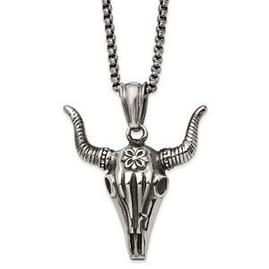 Men's Stainless Steel XL Antiqued Steer Skull Necklace, 24 Inch